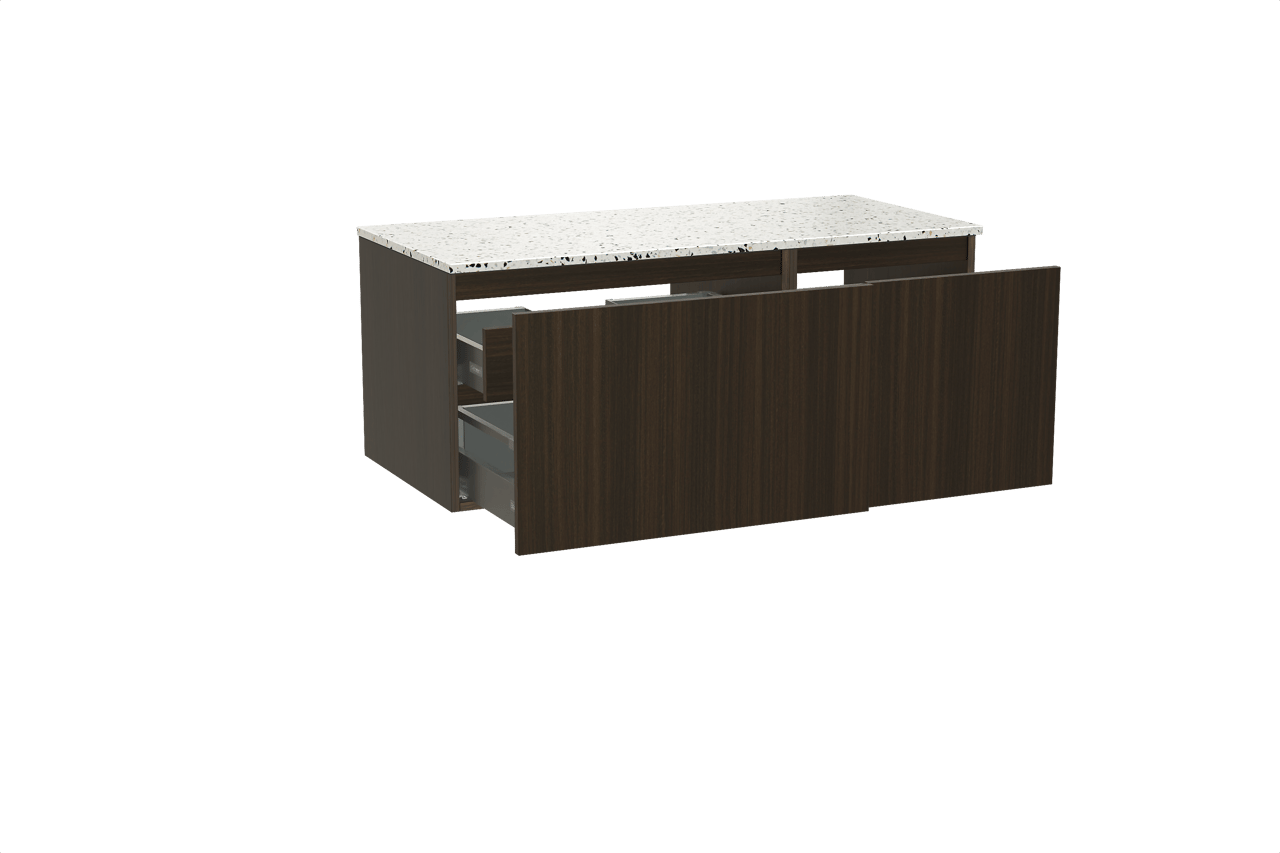 Balmani Sfera zwevend badmeubel 120 x 55 cm eucalyptus met Stretto enkel of dubbel wastafelblad in mat wit/zwart terrazzo