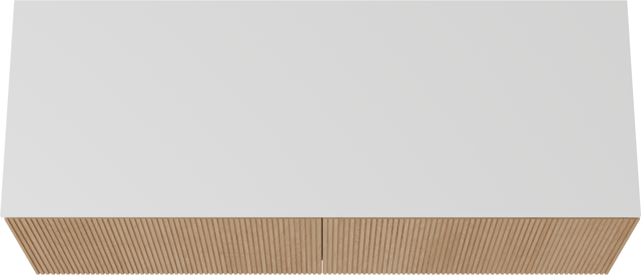 Balmani Eclips hängendes Möbelstück Set: 150 x 55 cm, Eiche Natur, mit Stretto Einzel- oder Doppel Waschtischplatte Solid Surface Weiβ matt, Vertikale symmetrische gerade Rippe