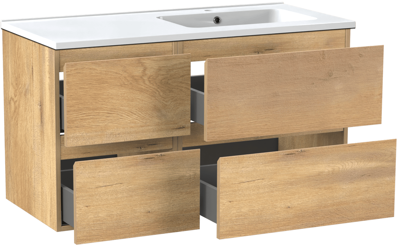 Linie Lado meuble salle de bains suspendu 100 x 46 cm chêne naturel avec Vano vasque asymétrique droite en marbre composite blanc brillant