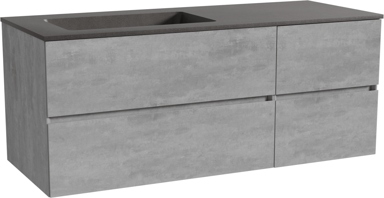 Storke Edge zwevend badmeubel 130 x 52 cm beton donkergrijs met Scuro asymmetrisch linkse wastafel in kwarts mat zwart