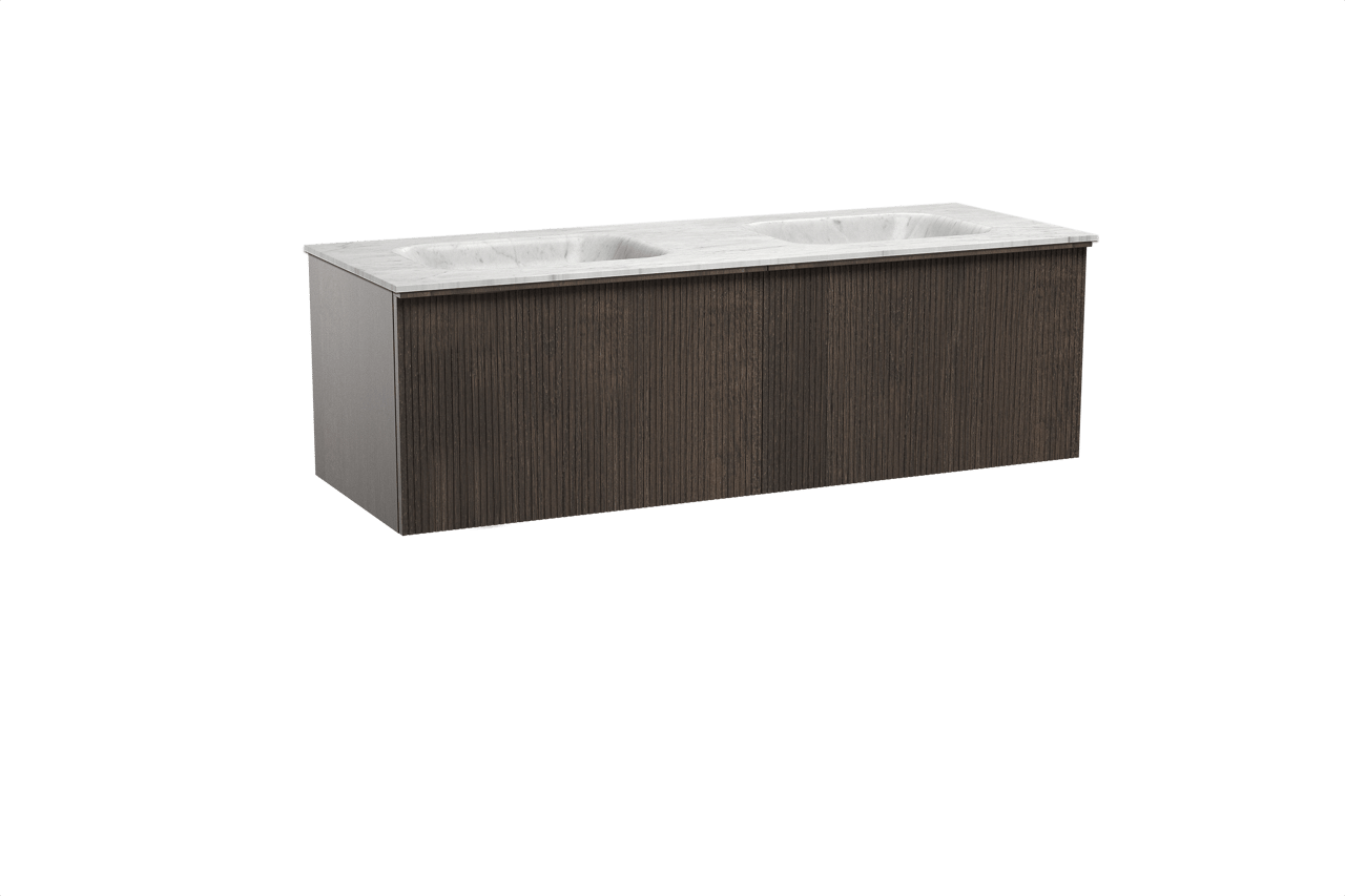 Balmani Forma zwevend badkamermeubel 150 x 55 cm gerookte eik met Tablo Arcato dubbele wastafel in marmer carrara, Verticale symmetrische rechte ribbel