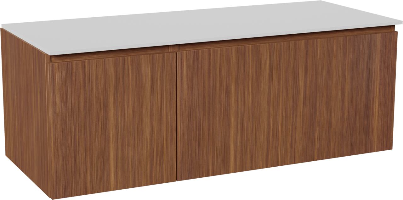 Balmani Sfera zwevend badmeubel 135 x 55 cm amerikaans notenhout met Stretto enkel of dubbel wastafelblad in solid surface mat wit