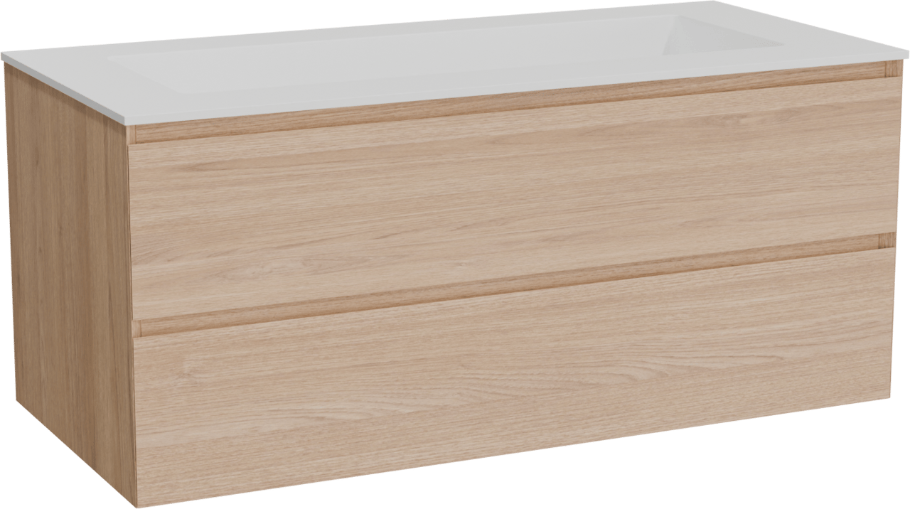 Balmani Mitra hängendes Möbelstück Set: 120 x 55 cm, Naturbelassene Eiche, mit Tablo Stretto Einzelwaschtisch für 2 Armaturenlöcher, Solid Surface Weiß matt