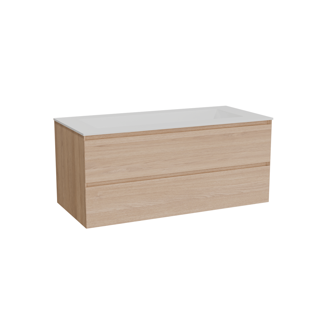 Balmani Mitra zwevend badkamermeubel 120 x 55 cm natuur eik met Tablo Stretto enkele wastafel voor 2 kraangaten in solid surface mat wit