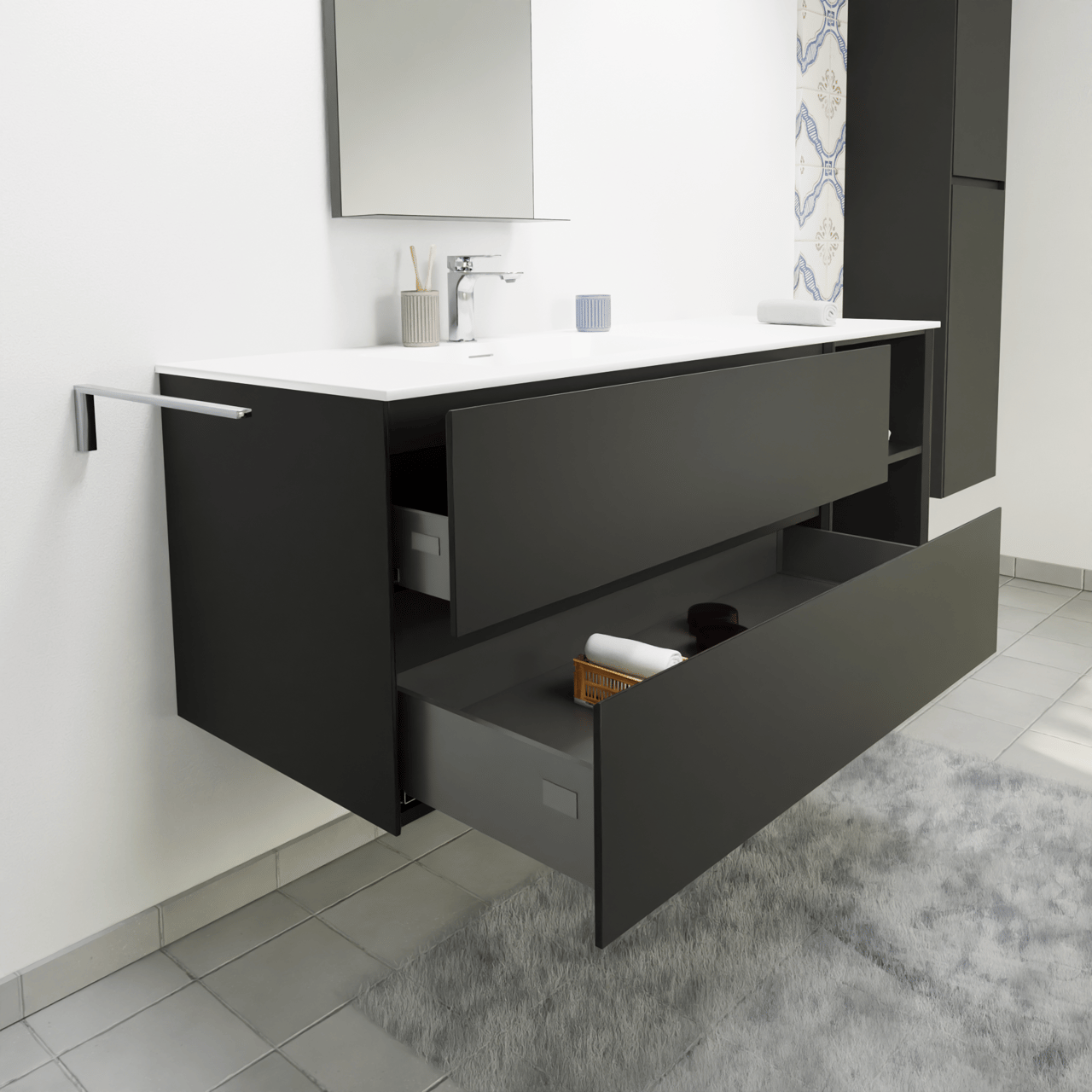 Storke Edge zwevend badmeubel 150 x 52 cm mat zwart met Scuro High asymmetrisch linkse wastafel in kwarts mat zwart