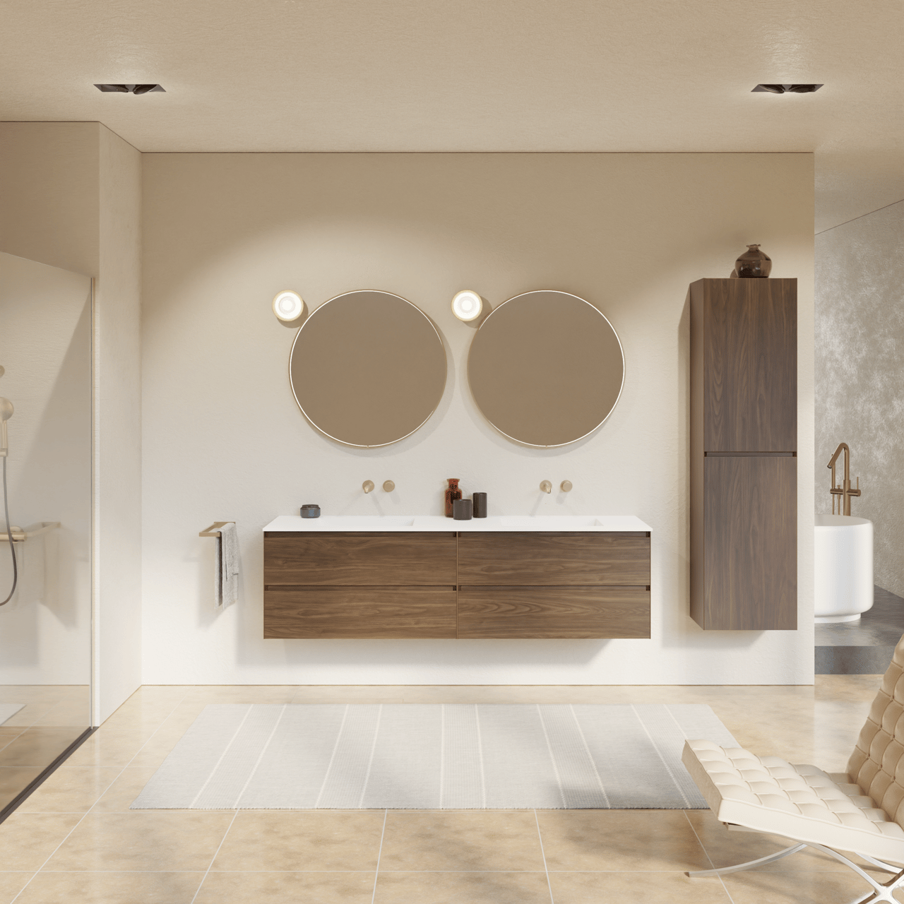 Balmani Mitra meuble salle de bains suspendu 180 x 55 cm noyer américain avec Tablo Stretto double vasque en solid surface blanc mat