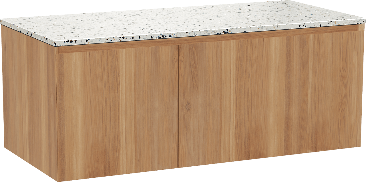 Balmani Idra zwevend badkamermeubel 120 x 55 cm teak met Stretto enkel of dubbel tablet in mat wit/zwart terrazzo