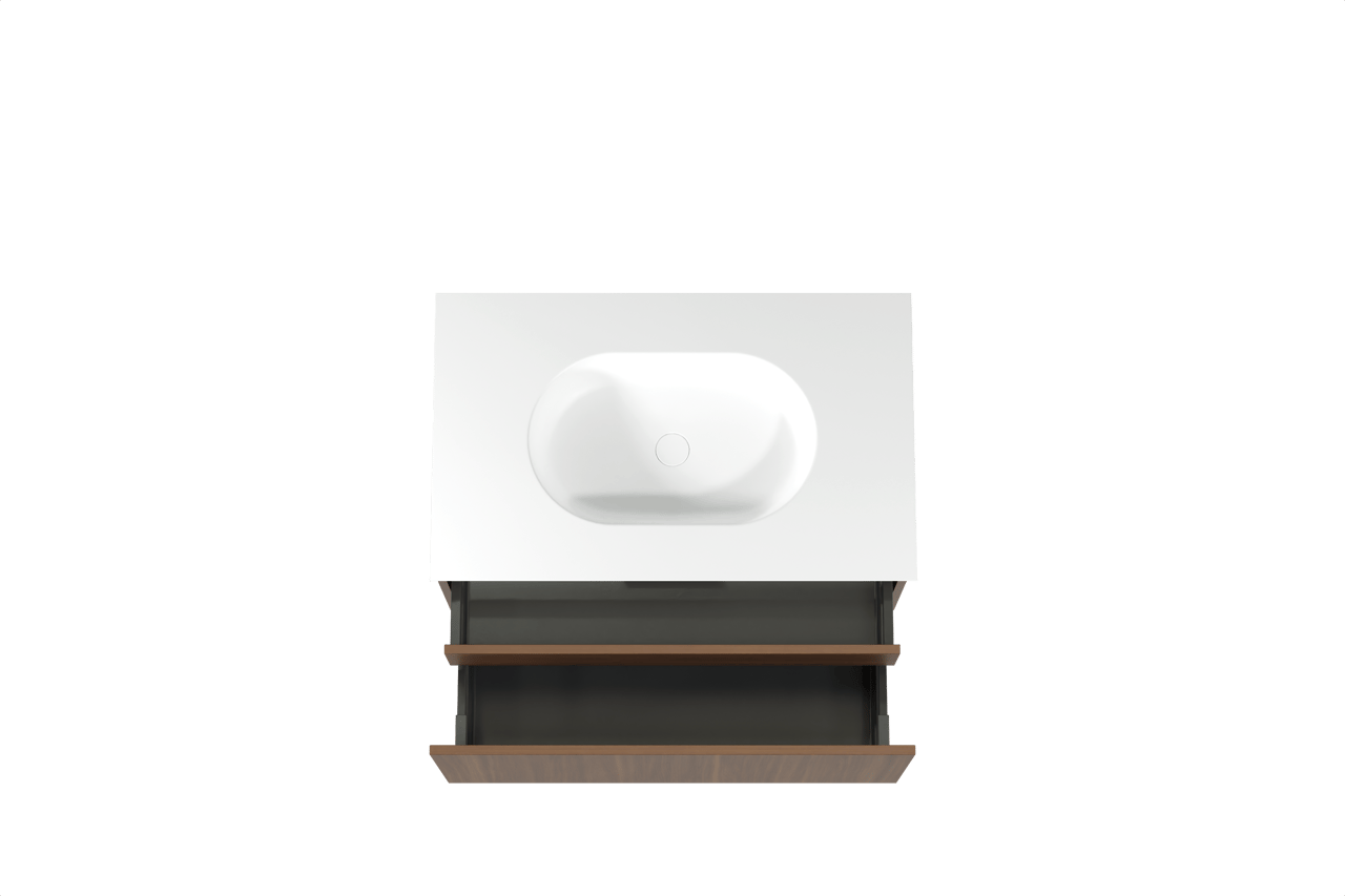 Balmani Sfera meuble salle de bains suspendu 90 x 55 cm noyer américain avec Tablo Oval plan simple en solid surface blanc mat