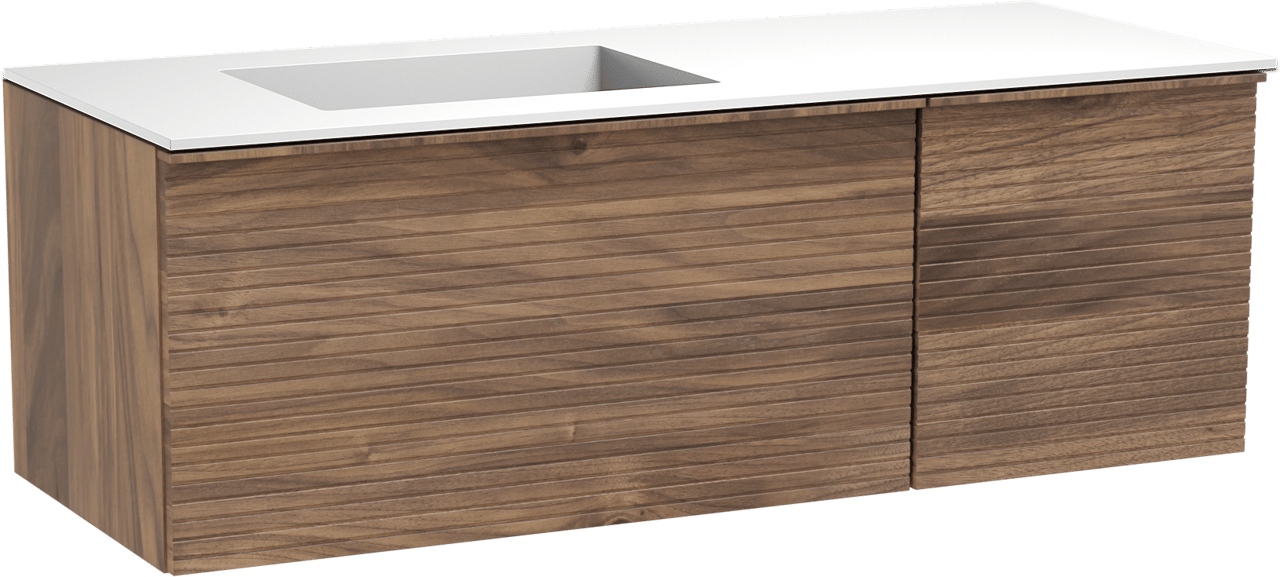 Balmani Forma hängendes Möbelstück Set: 135 x 55 cm, Amerikanischer Nussbaum, mit Tablo Stretto Waschtisch links, Solid Surface, Weiß matt, Horizontale symmetrische gerade Rippe