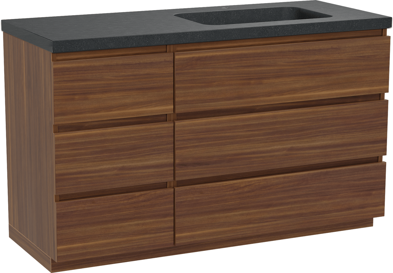 Balmani Lucida meuble salle de bains à poser 135 x 55 cm noyer américain avec Napoli vasque asymétrique droite en granit noir
