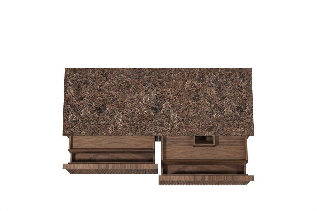 Balmani Forma hängendes Möbelstück Set: 150 x 55 cm, Amerikanischer Nussbaum, mit Stretto Einzel- oder Doppel Waschtischplatte, Marmor, Dark Emperador, Vertikale symmetrische gerade Rippe