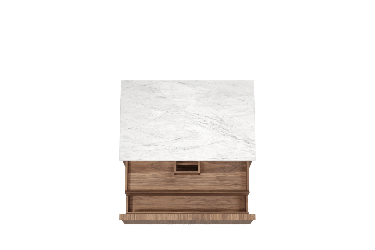 Balmani Forma zwevend badkamermeubel 90 x 55 cm amerikaanse notelaar met Stretto enkel tablet in marmer carrara, Verticale asymmetrische ronde ribbel