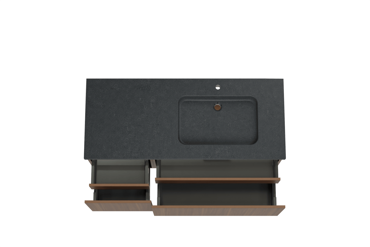 Balmani Sfera hängendes Möbelstück Set: 135 x 55 cm, Amerikanischer Nussbaum, mit Napoli Waschtisch rechts, Schwarzes Granit