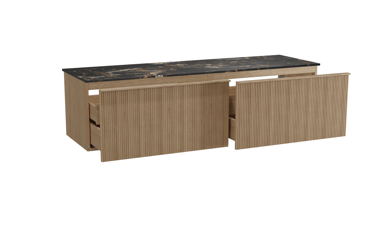 Balmani Forma meuble salle de bains suspendu 180 x 55 cm chêne naturel avec Stretto tablette simple ou double en marbre portoro gold, Nervure droite symétrique verticale