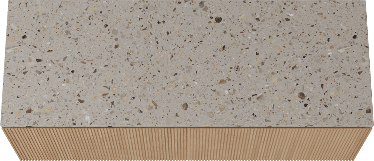 Balmani Eclips meuble salle de bains suspendu 150 x 55 cm Chêne naturelle avec Stretto tablette simple ou double en Terrazzo greige, Nervure droite symétrique verticale