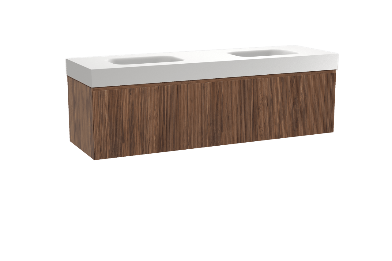 Balmani Fila zwevend badkamermeubel 180 x 55 cm notelaar met Arcato dubbele wastafel in solid surface mat wit, Verticale symmetrische rechte ribbel