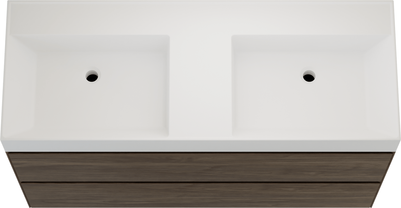 Balmani Mitra Compact zwevend badkamermeubel 120 x 46 cm Amerikaanse notelaar met Argila dubbele wastafel in composietmarmer mat wit