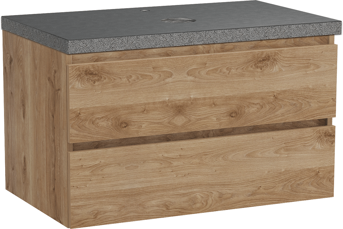 Balmani Lucida hängendes Möbelstück Set: 90 x 55 cm, Rohe Eiche, mit Rock Einzel Waschtischplatte, Schwarzes Granit