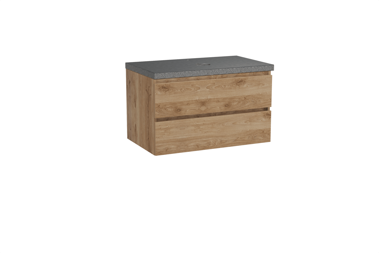 Balmani Lucida hängendes Möbelstück Set: 90 x 55 cm, Rohe Eiche, mit Rock Einzel Waschtischplatte, Schwarzes Granit