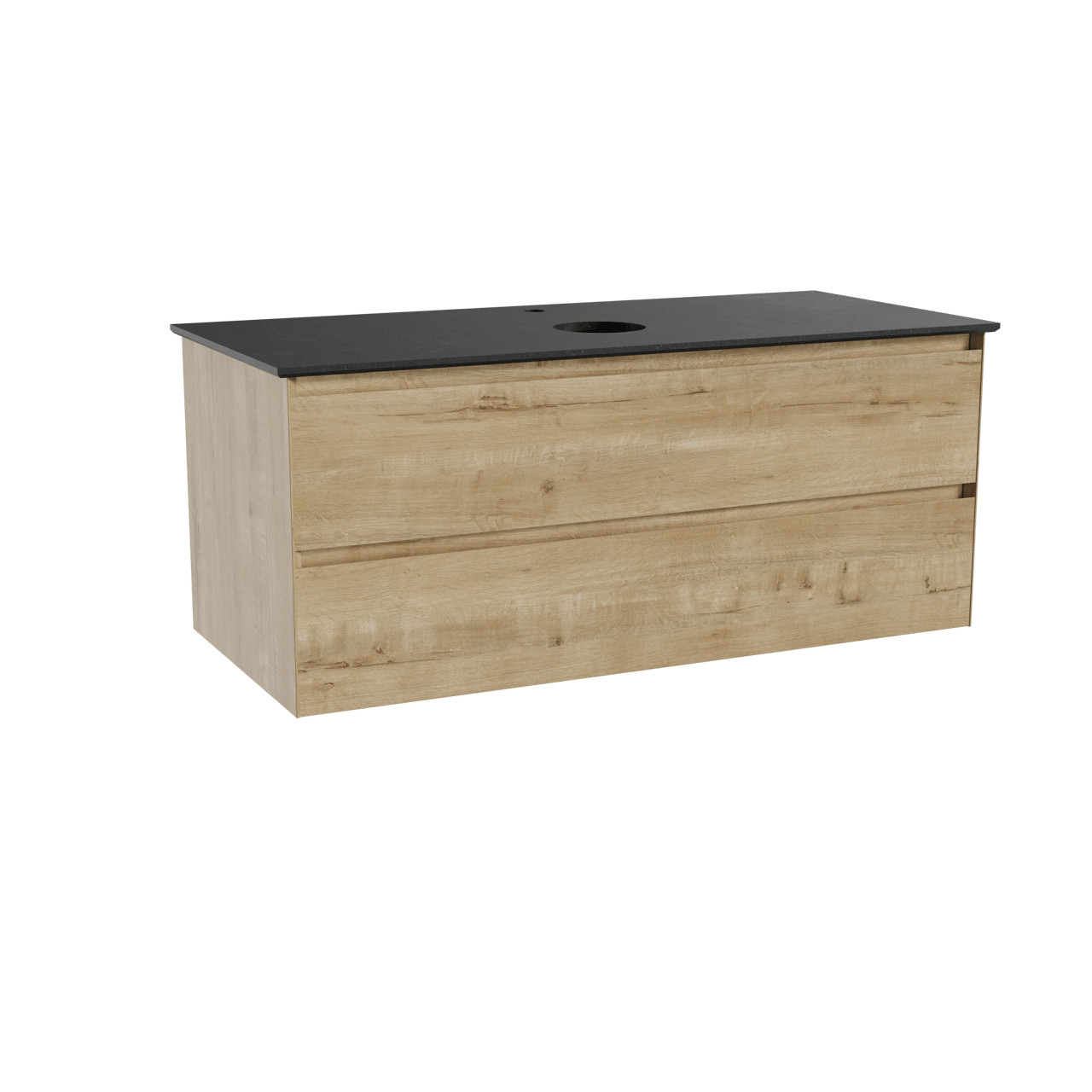 Balmani Mitra hängendes Möbelstück Set: 120 x 55 cm, Rohe Eiche, mit Facetta Einzel Waschtischplatte, Schwarzes Granit