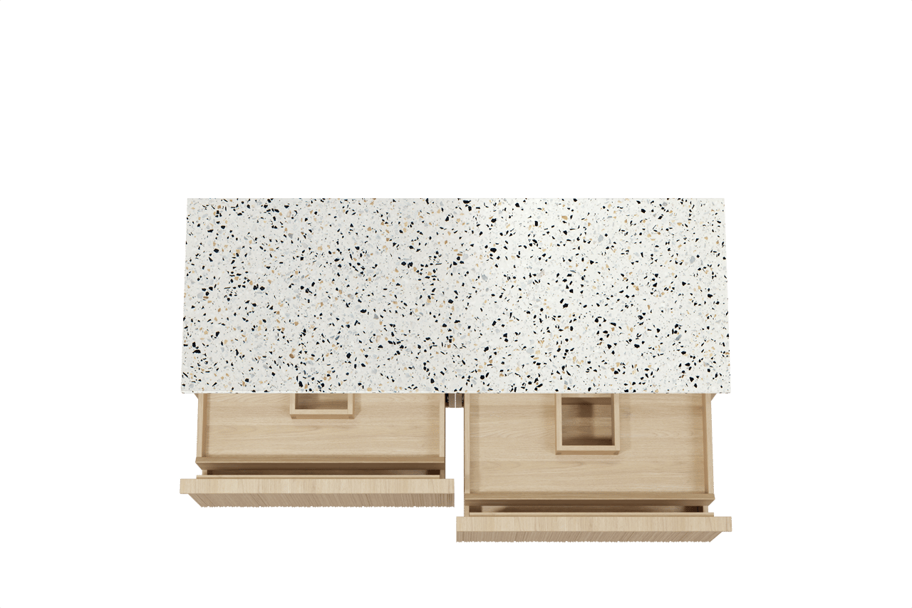Balmani Forma meuble salle de bains suspendu 150 x 55 cm chêne naturel avec Stretto tablette simple ou double en blanc/noir mat terrazzo, Nervure circulaire asymétrique verticale