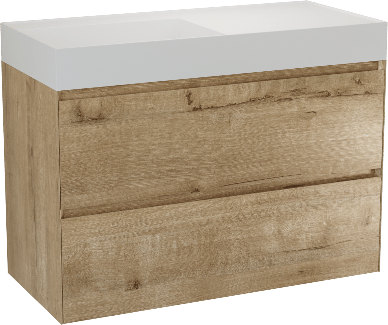 Balmani Mitra Compact hängendes Möbelstück Set: 100 x 46 cm, Eiche Rau, mit Argila Waschtisch links Marmorkomposit Weiβ matt