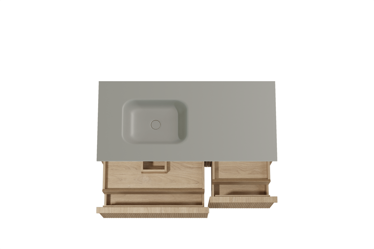 Balmani Forma hängendes Möbelstück Set: 120 x 55 cm, Naturbelassene Eiche, mit Tablo Arcato Waschtisch links, Solid Surface, Steingrau, Vertikale symmetrische gerade Rippe