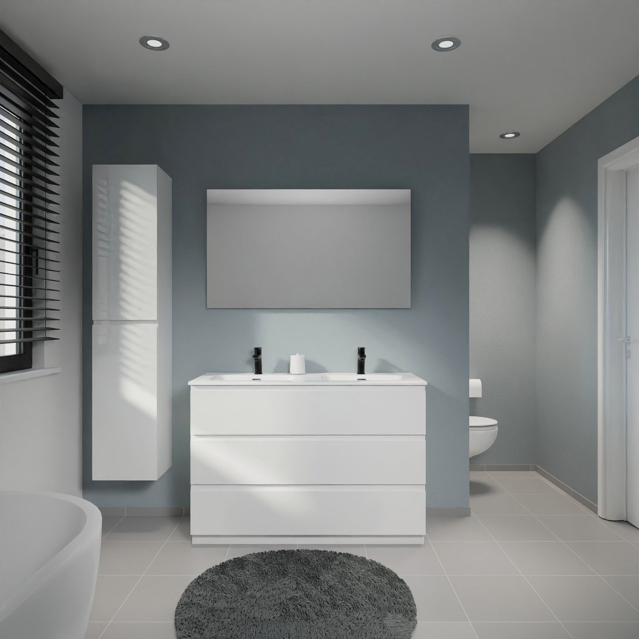 Linie Lado meuble salle de bains à poser 120 x 46 cm blanc brillant avec Baro double vasque en porcelaine blanc brillant