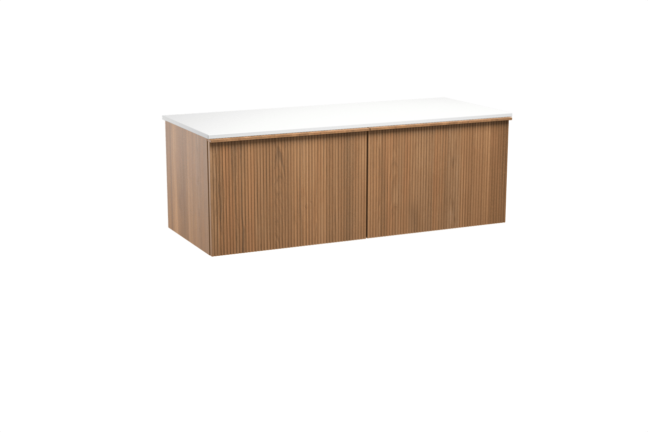 Balmani Forma hängendes Möbelstück Set: 135 x 55 cm, Teak, mit Stretto Einzel- oder Doppel Waschtischplatte, Solid Surface, Weiß matt, Vertikale symmetrische gerade Rippe