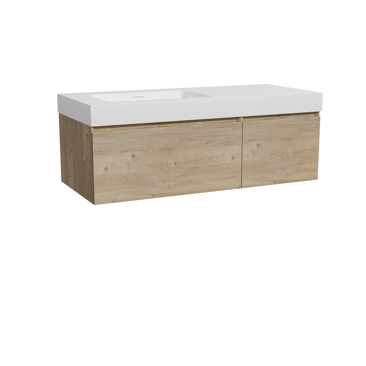 Storke Edge meuble salle de bains suspendu 120 x 52 cm chêne brut avec Mata High plan vasque asymétrique à gauche en solid surface blanc mat