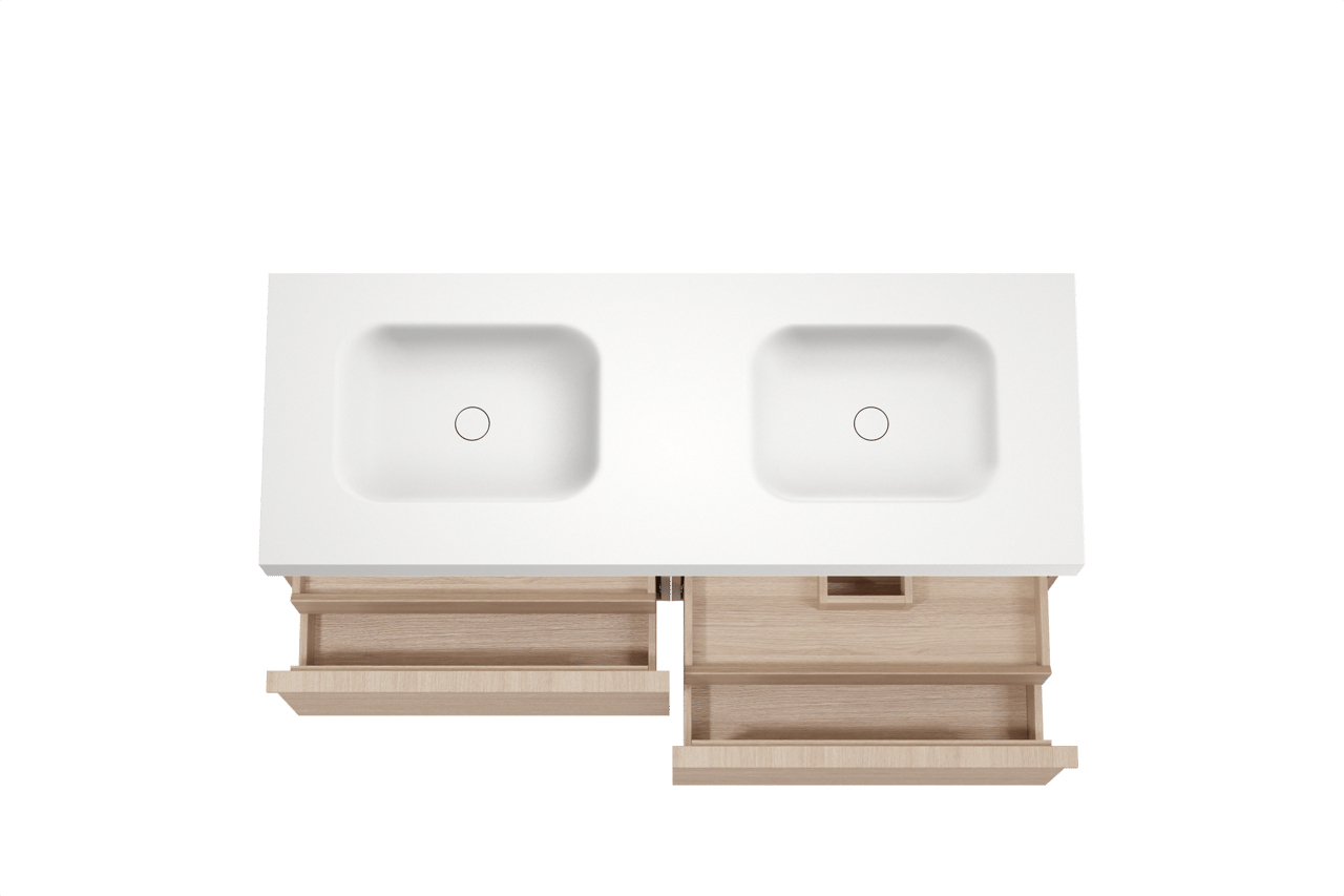 Balmani Forma meuble salle de bains suspendu 150 x 55 cm chêne naturel avec Arcato double vasque en solid surface blanc mat, Nervure droite symétrique horizontale