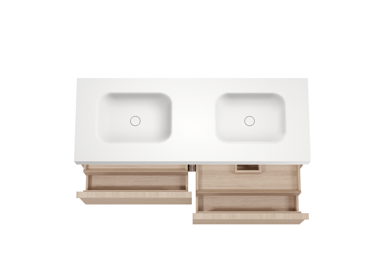 Balmani Forma hängendes Möbelstück Set: 150 x 55 cm, Naturbelassene Eiche, mit Arcato Doppelwaschtisch, Solid Surface, Weiß matt, Horizontale symmetrische gerade Rippe