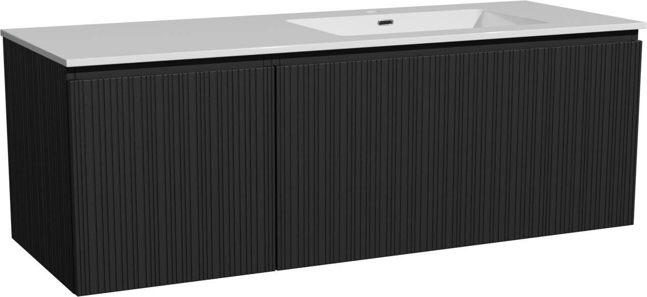Storke Ribs zwevend badmeubel 140 x 52 cm zwart eiken met Diva asymmetrisch rechtse wastafel in composietmarmer hoogglans wit, Verticale asymmetrische rechte ribbel