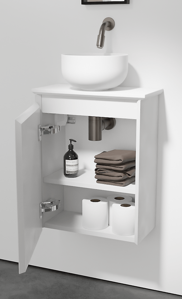 Balmani Mitra zwevend toiletmeubel 42 x 21 cm mat wit met Facetta tablet en Bowl waskom in matte Solid Surface