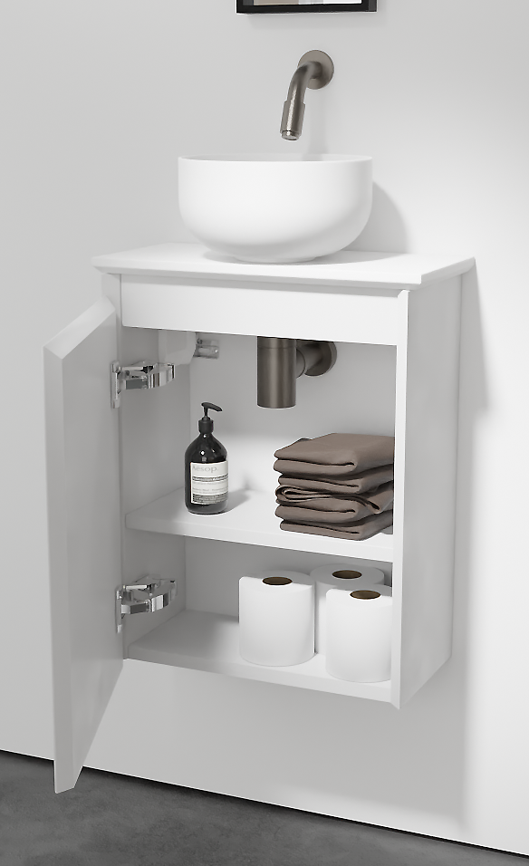 Balmani Mitra zwevend toiletmeubel 42 x 21 cm mat wit met Facetta tablet en Bowl waskom in matte Solid Surface