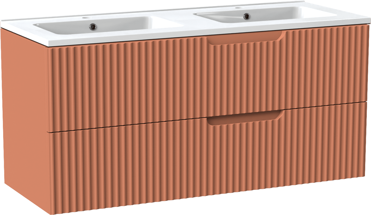 Linie Ribbo zwevend badmeubel 120 x 46 cm cotto met Vano dubbele wastafel in composietmarmer hoogglans wit, Verticale symmetrische ronde ribbel