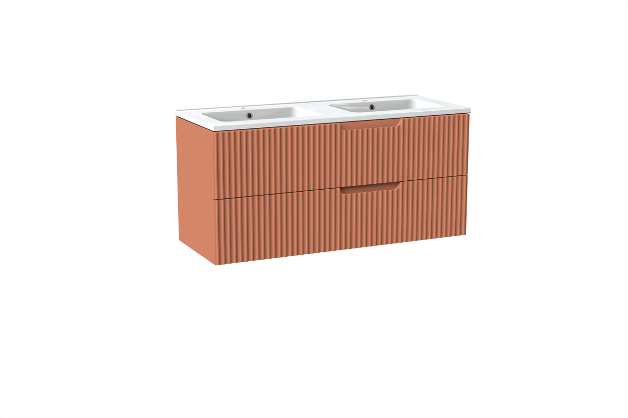 Linie Ribbo meuble salle de bains suspendu 120 x 46 cm cotto avec Vano double vasque en marbre composite blanc brillant, Nervure circulaire symétrique verticale