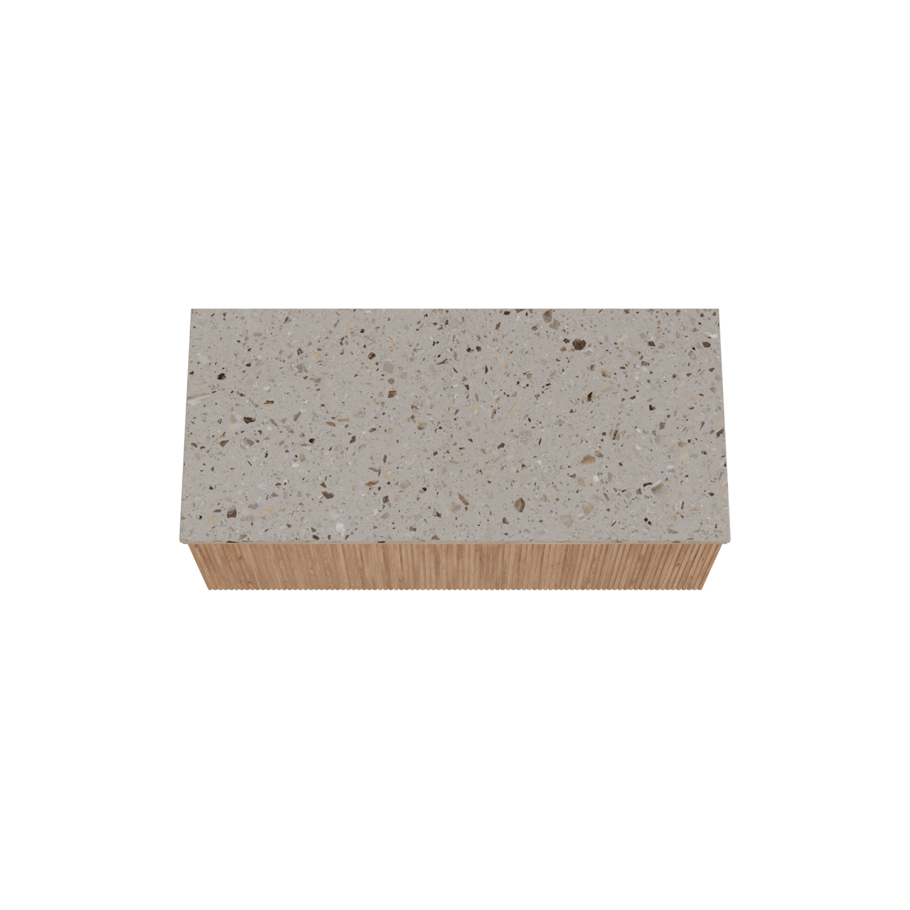 Balmani Forma hängendes Möbelstück Set: 120 x 55 cm, Teak, mit Stretto Einzel- oder Doppel Waschtischplatte, Terrazzo in Greige, Vertikale symmetrische gerade Rippe