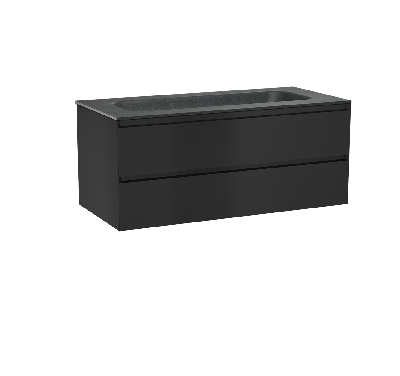 Balmani Mitra hängendes Möbelstück Set: 120 x 55 cm, Schwarz matt, mit Tablo Arcato Einzelwaschtisch für 2 Armaturenlöcher, Schwarzes Granit