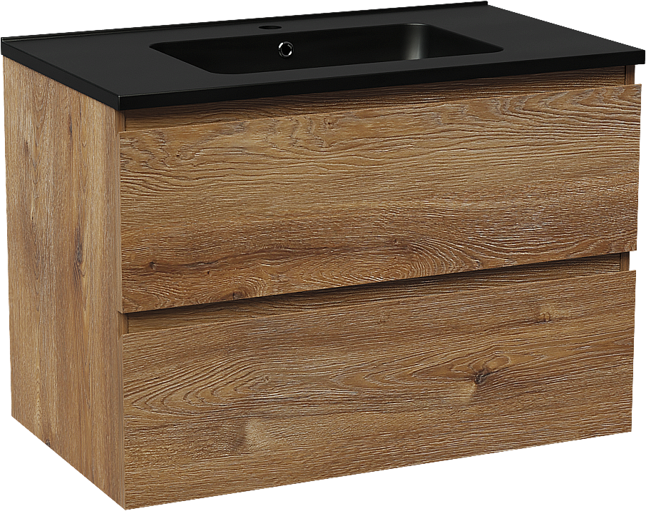 Linie Lado meuble salle de bains suspendu 80 x 46 cm chêne brun avec Vano plan simple en marbre composite noir mat