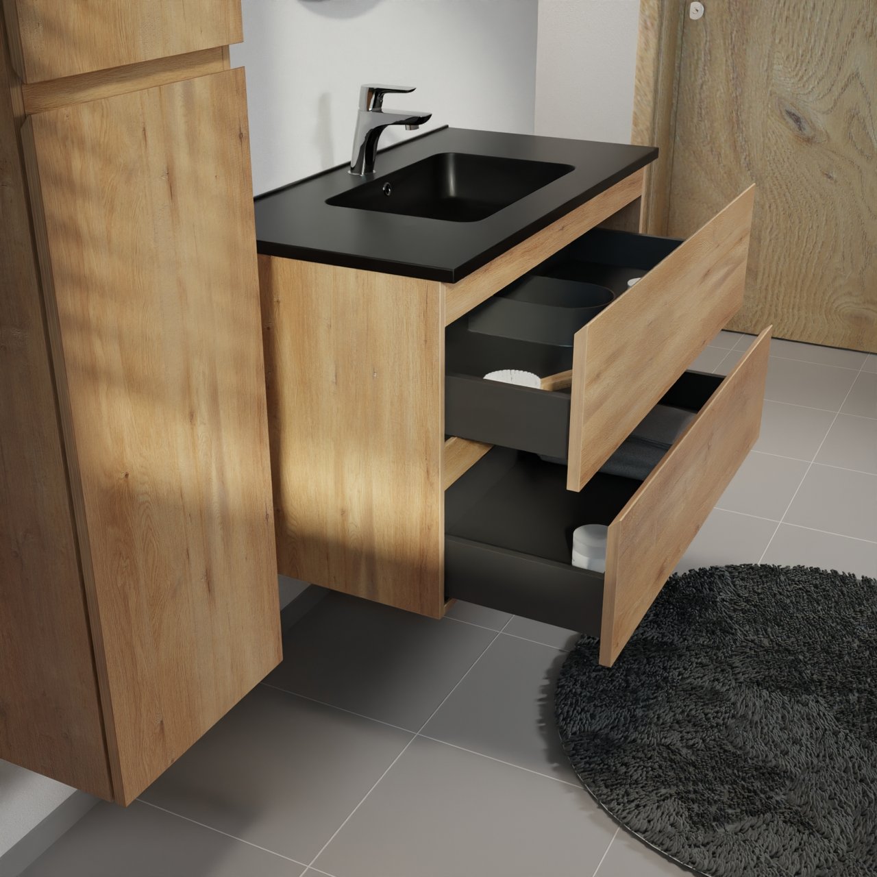 Linie Lado meuble salle de bains suspendu 90 x 46 cm chêne naturel avec Vano plan simple en marbre composite noir mat