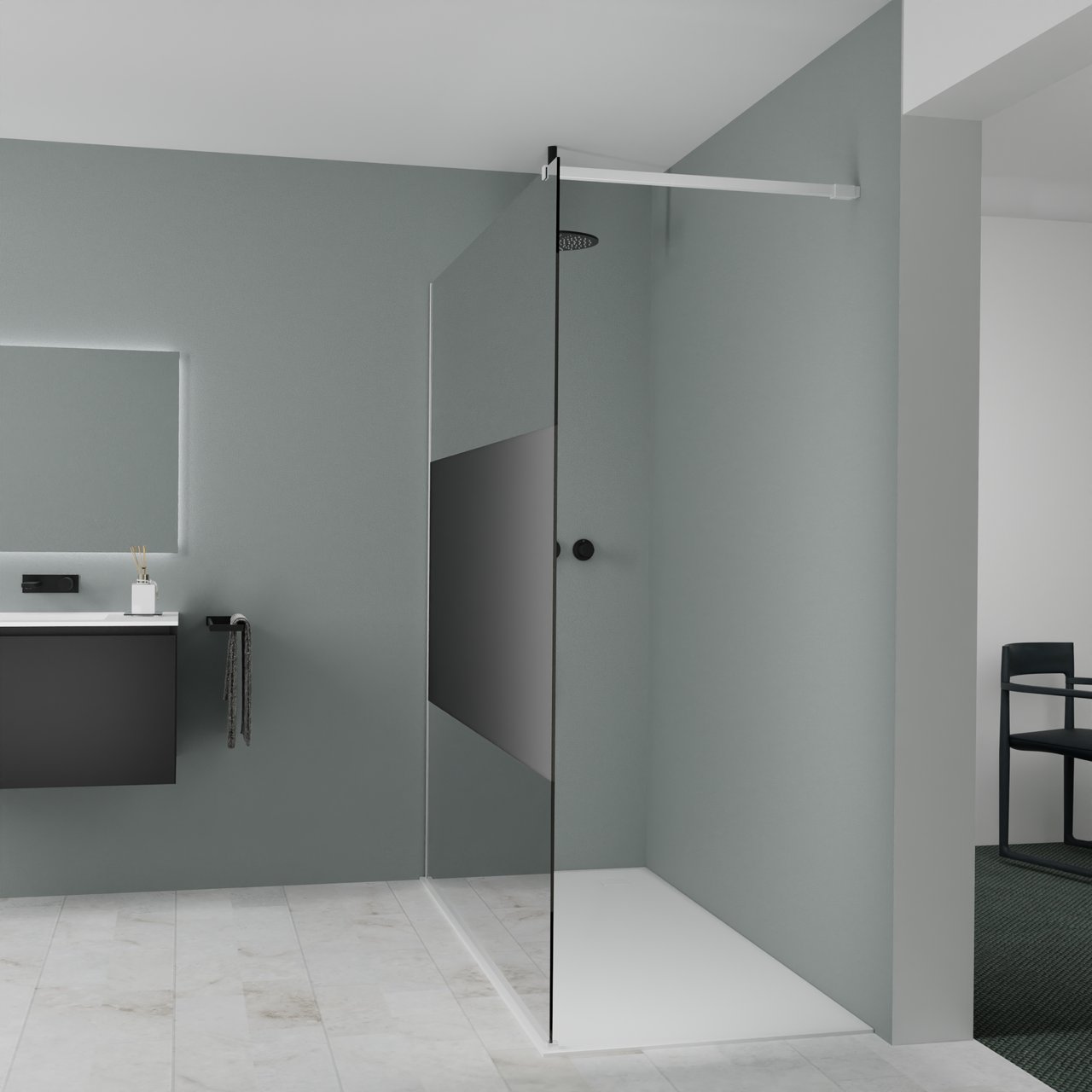 Balmani Modular inloopdouche: 180 x 200 cm, Rookglas met matte strook, Mat witte profielen