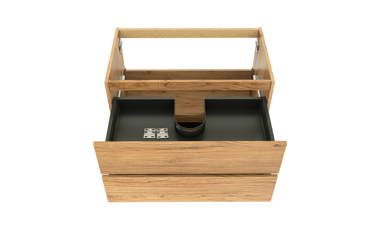 Balmani Lucida hängender Waschbeckenunterschrank: 90 x 55 cm, Teak, 2 Schubladen