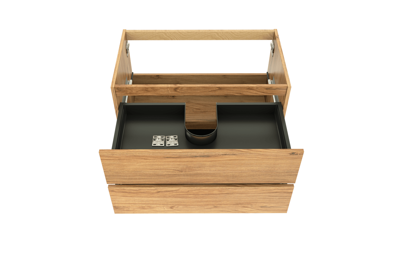 Balmani Lucida hängender Waschbeckenunterschrank: 90 x 55 cm, Teak, 2 Schubladen