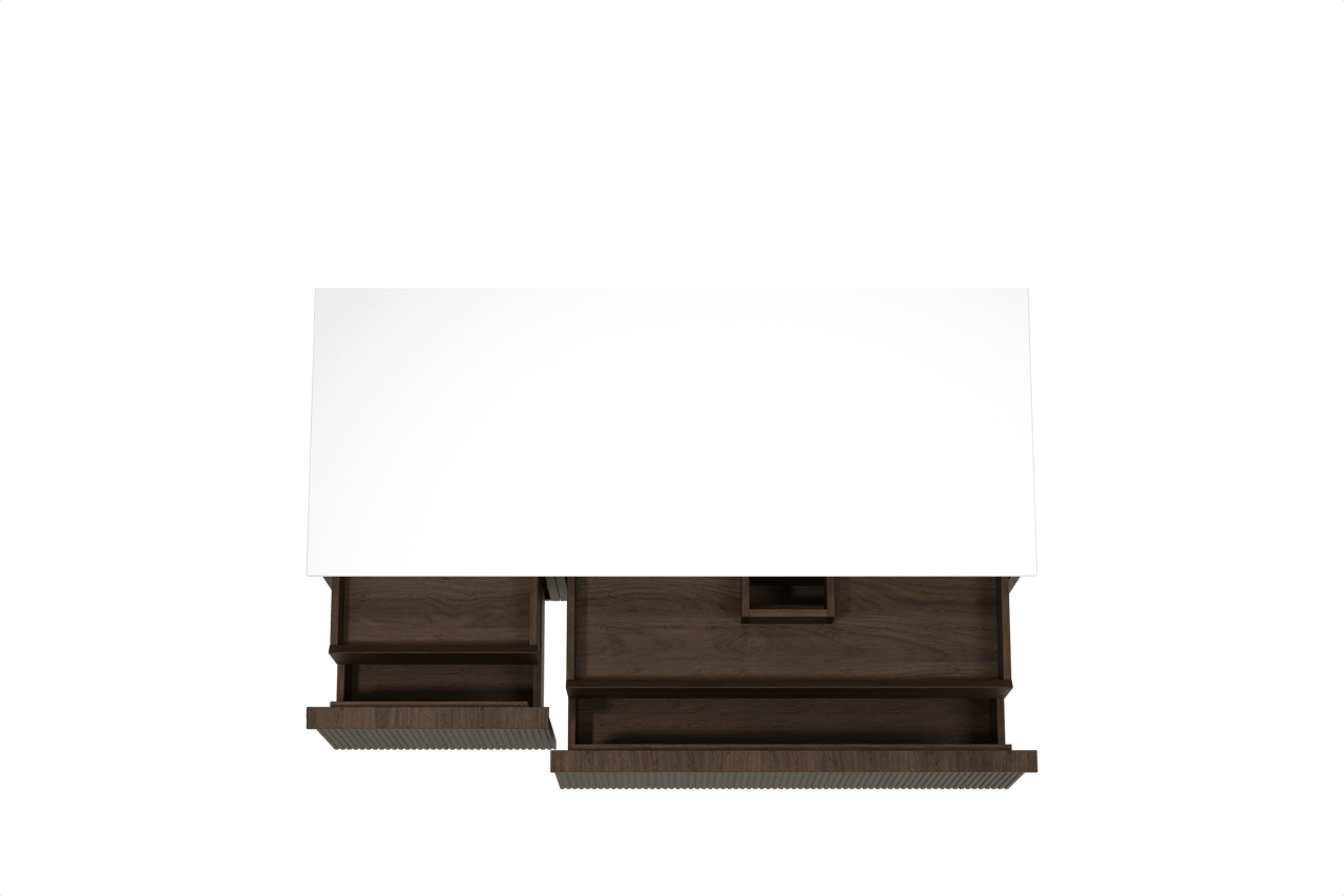 Balmani Forma meuble salle de bains suspendu 135 x 55 cm chêne fumé avec Stretto tablette simple ou double en solid surface blanc mat, Nervure droite symétrique verticale