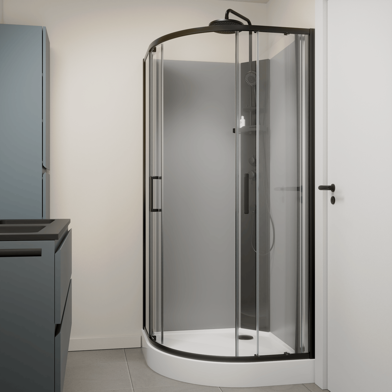 Linie Salta kwartronde douchecabine met schuifdeuren 90 x 90 cm helder glas zwart profiel met kraan