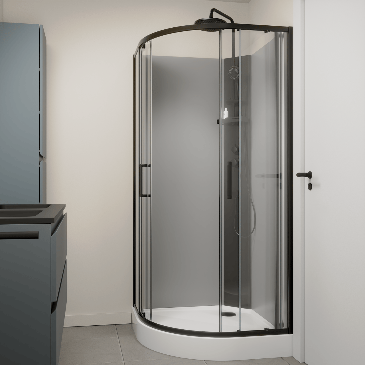 Linie Salta kwartronde douchecabine met schuifdeuren 90 x 90 cm helder glas zwart profiel met kraan