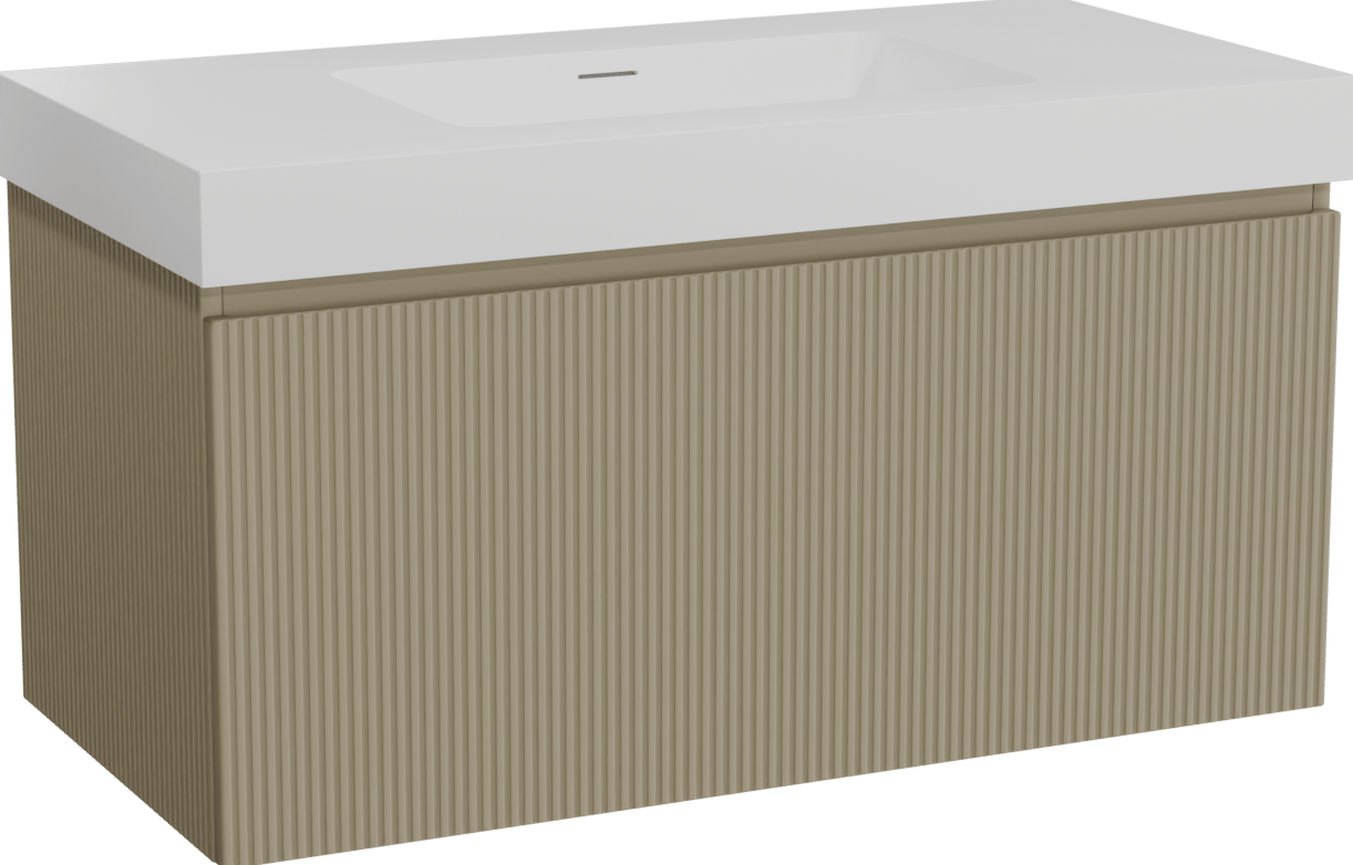 Storke Ribs zwevend badmeubel 105 x 52 cm zijdegrijs met Mata High enkele wastafel in solid surface mat wit, Verticale symmetrische rechte ribbel