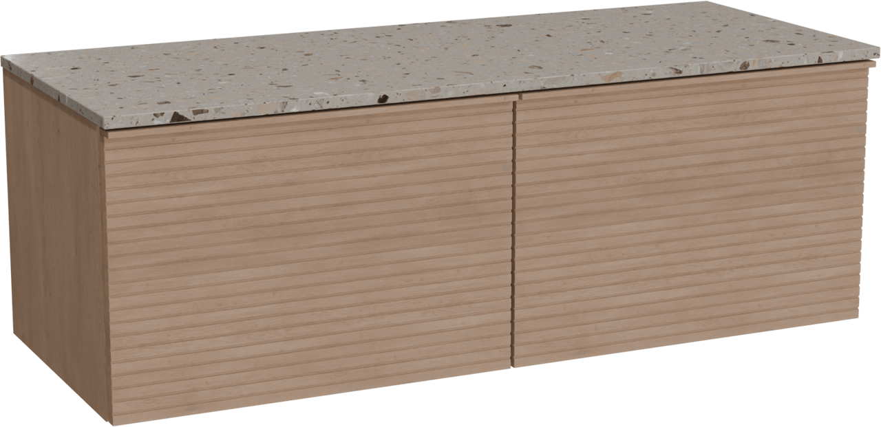 Balmani Forma hängendes Möbelstück Set: 135 x 55 cm, Naturbelassene Eiche, mit Stretto Einzel- oder Doppel Waschtischplatte, Terrazzo in Greige, Horizontale symmetrische gerade Rippe