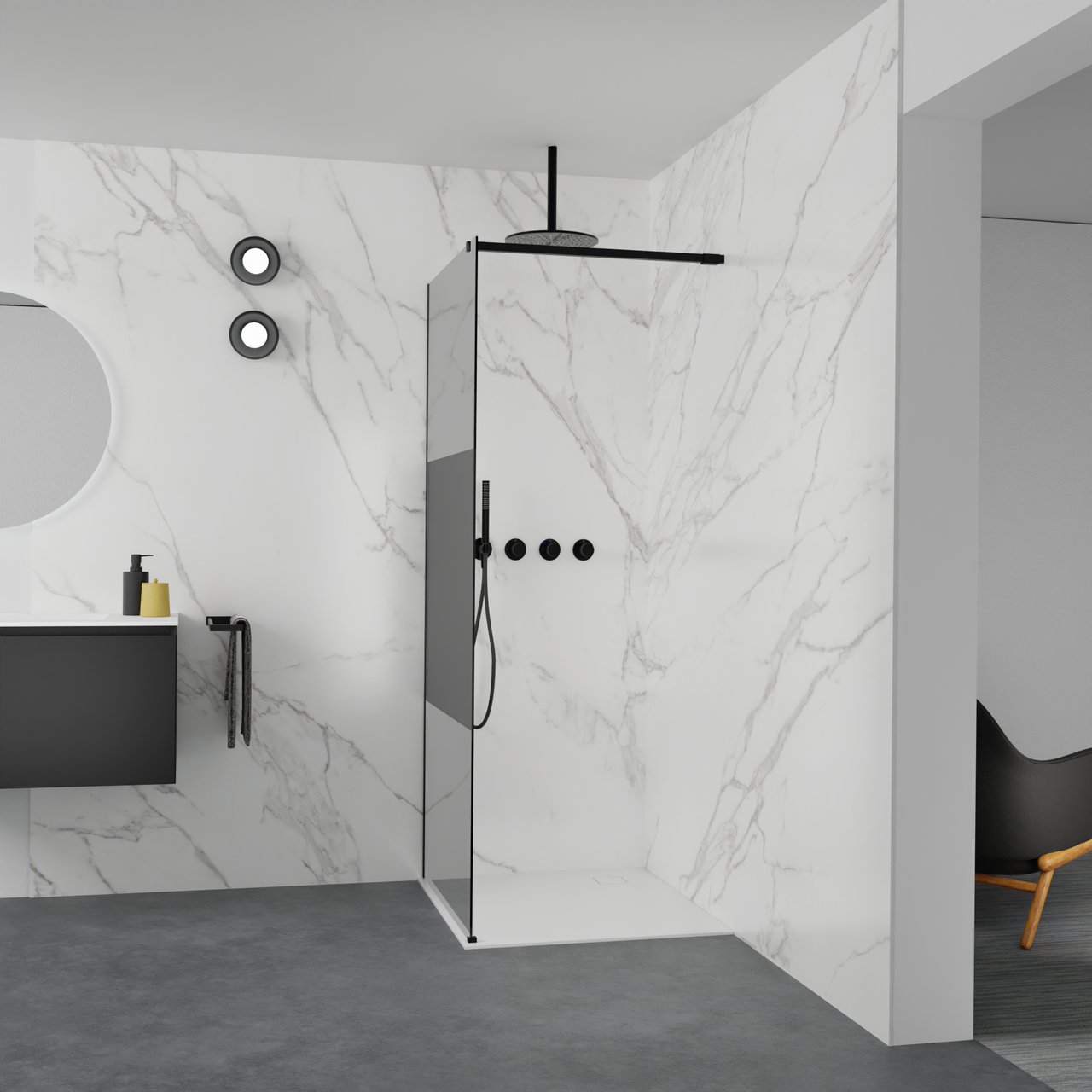 Balmani Modular douche à l'italienne: 90 x 200 cm, Verre fumé avec bande matte, avec coating, Profil Noir mat